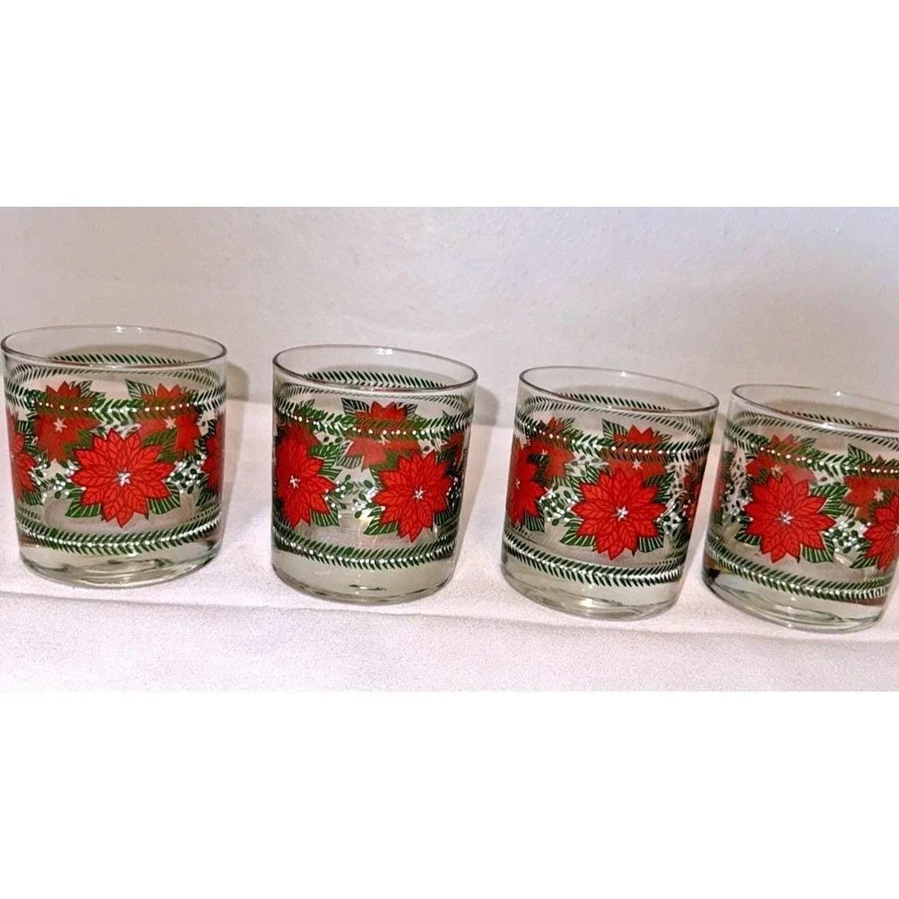Vintage Christmas Poinsettia Glasses Set of 4 Holiday‎ Drinking Tumblers Rocks